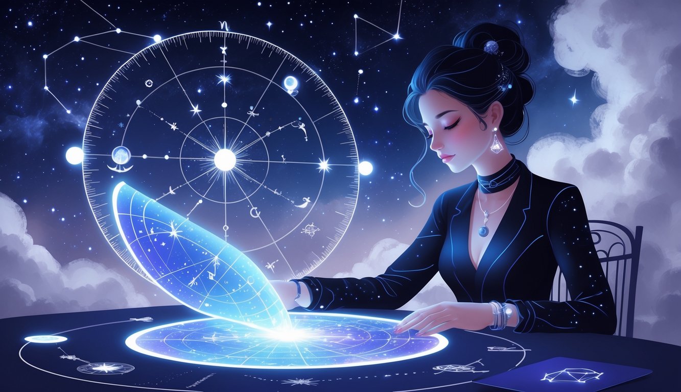 A person sitting at a table studying a glowing celestial map with stars and planetary symbols under a starry night sky.