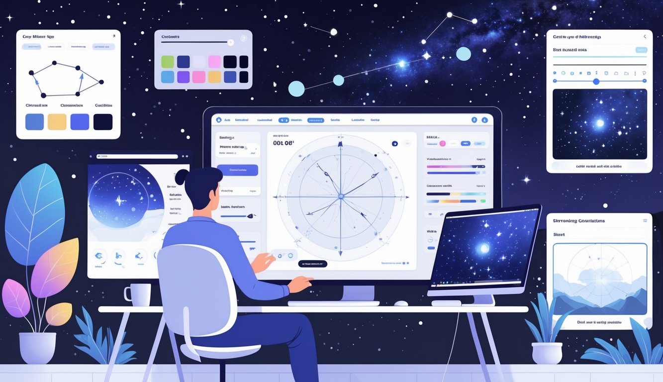 A person working at a desk customizing a star map on a computer, with star maps and design tools around them and a night sky visible through a window.