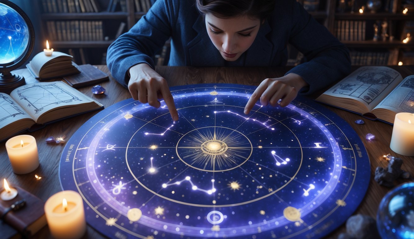 A person studying an astral map with zodiac constellations on a table surrounded by candles, books, and a crystal ball in a dimly lit room.