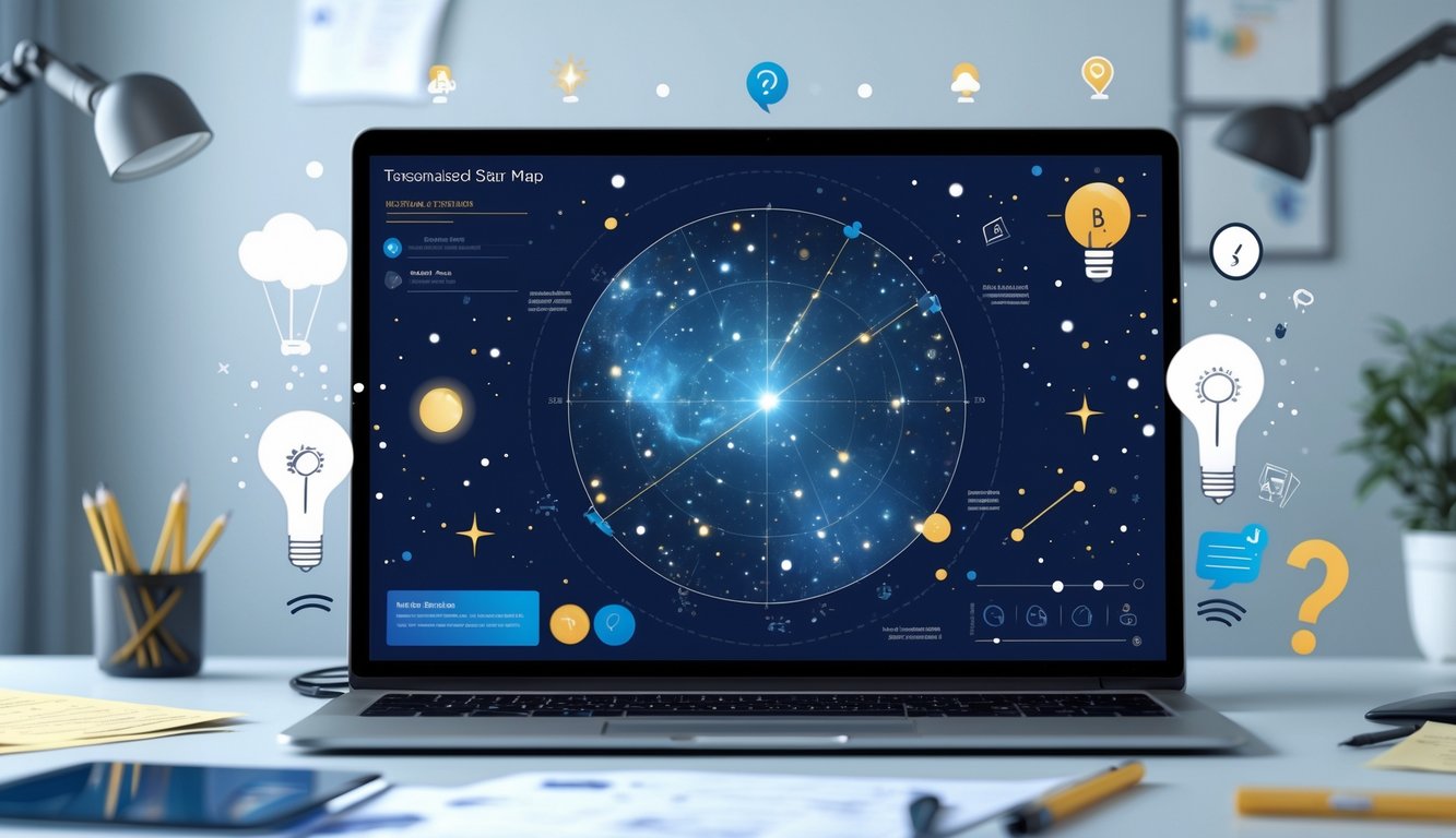 A personalized star map showing constellations and stars on a desk with icons representing questions and ideas around it.