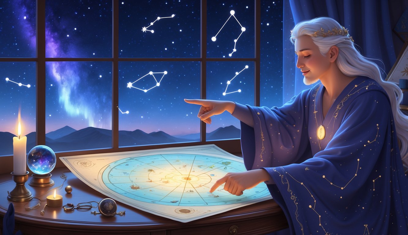 A person studying an astral map on a table with celestial objects around, under a starry night sky visible through a window.