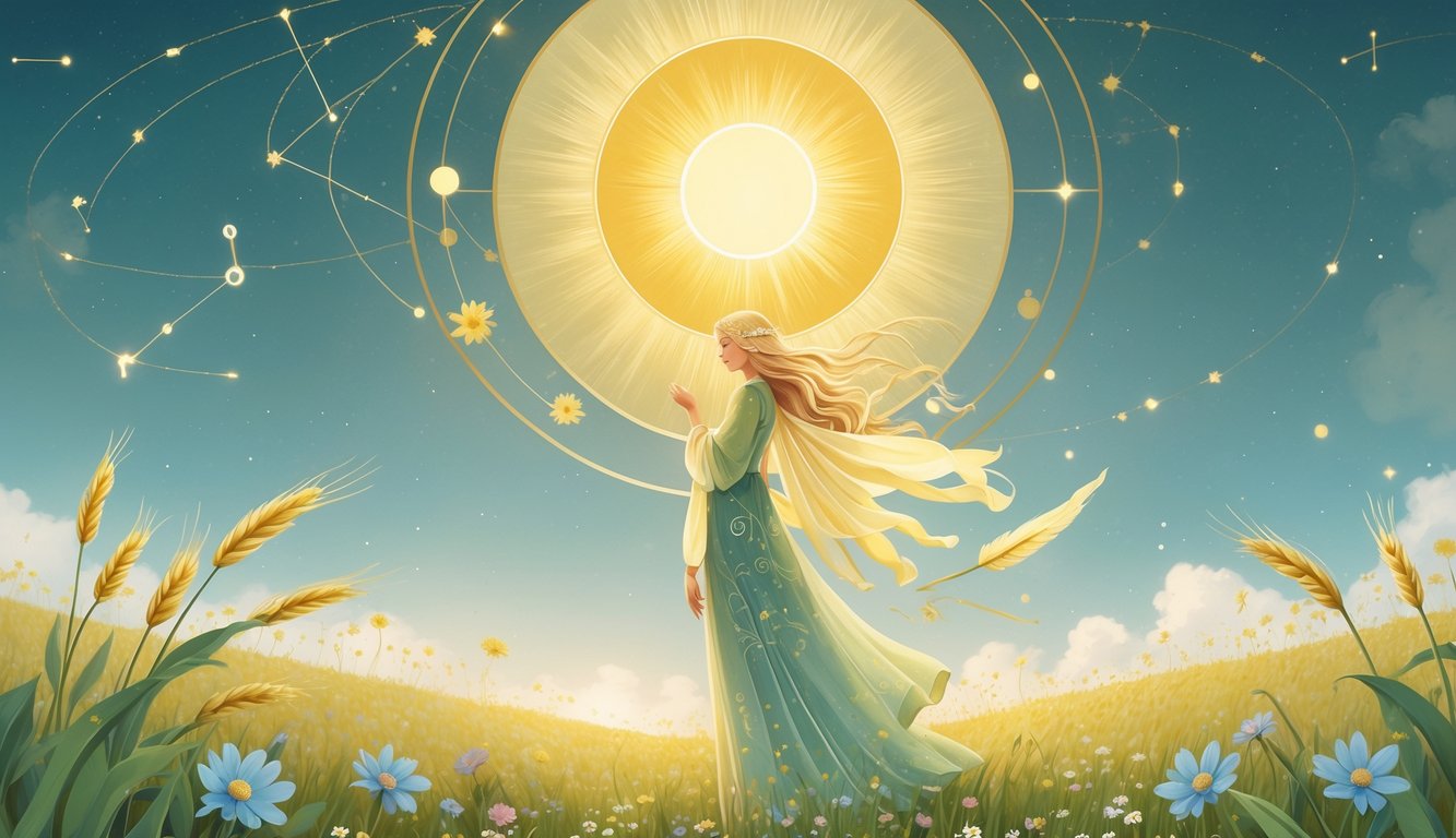 A golden sun shining over a calm landscape with a female figure standing among wheat fields and flowers, surrounded by symbols of Virgo and zodiac constellations in the sky.