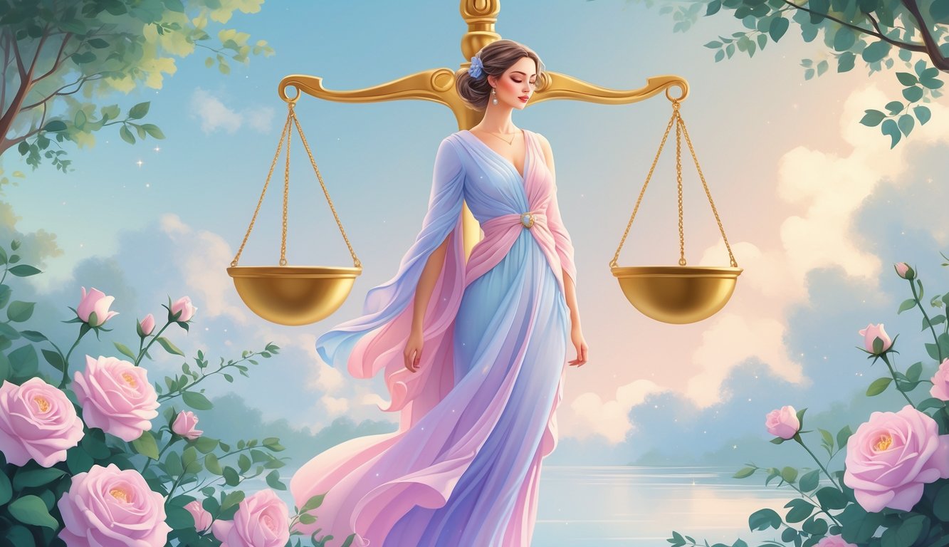 A graceful woman stands calmly before a balanced golden scale surrounded by roses and greenery under a serene sky, symbolizing harmony, love, and balance.