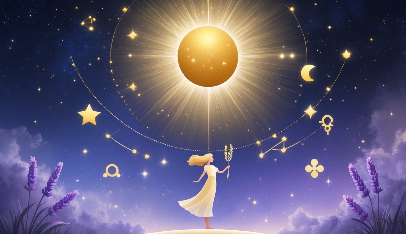 A glowing sun shining over the Virgo constellation with a maiden holding wheat, surrounded by symbols of organization and health against a starry night sky.
