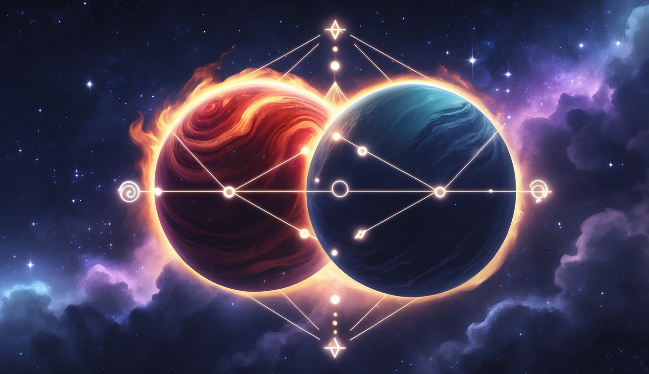 Two planets representing Mars and Pluto connected by glowing lines in a starry cosmic background.