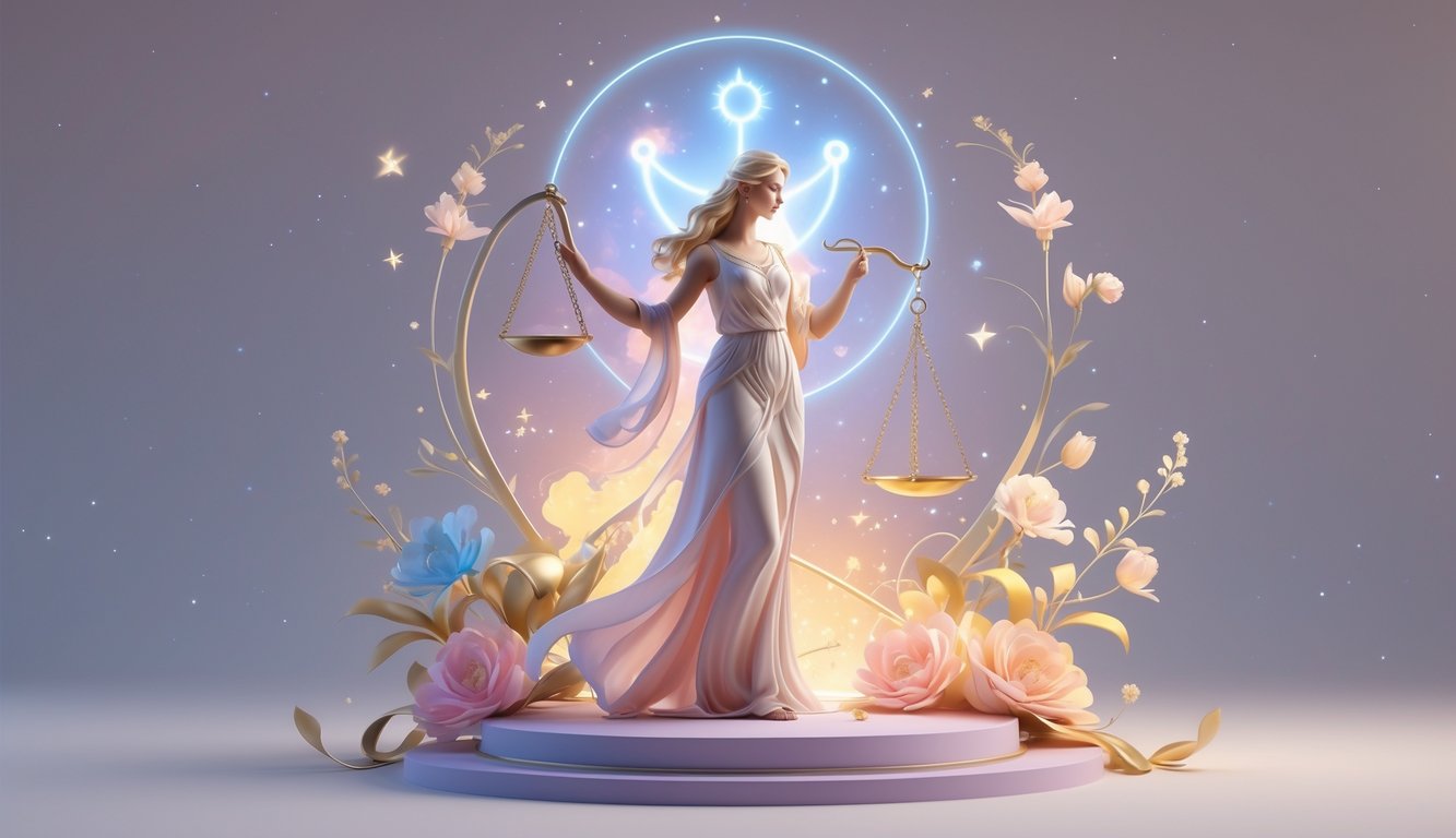 A graceful woman holding balanced scales surrounded by soft colors, stars, and floral elements symbolizing harmony and relationships.