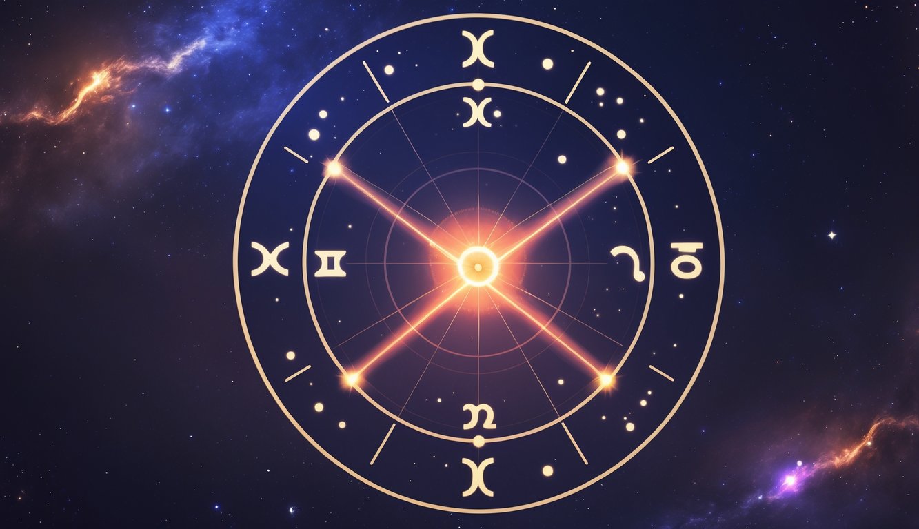 An astrology chart showing the planets Mars and Pluto connected by a glowing triangular line against a starry background.