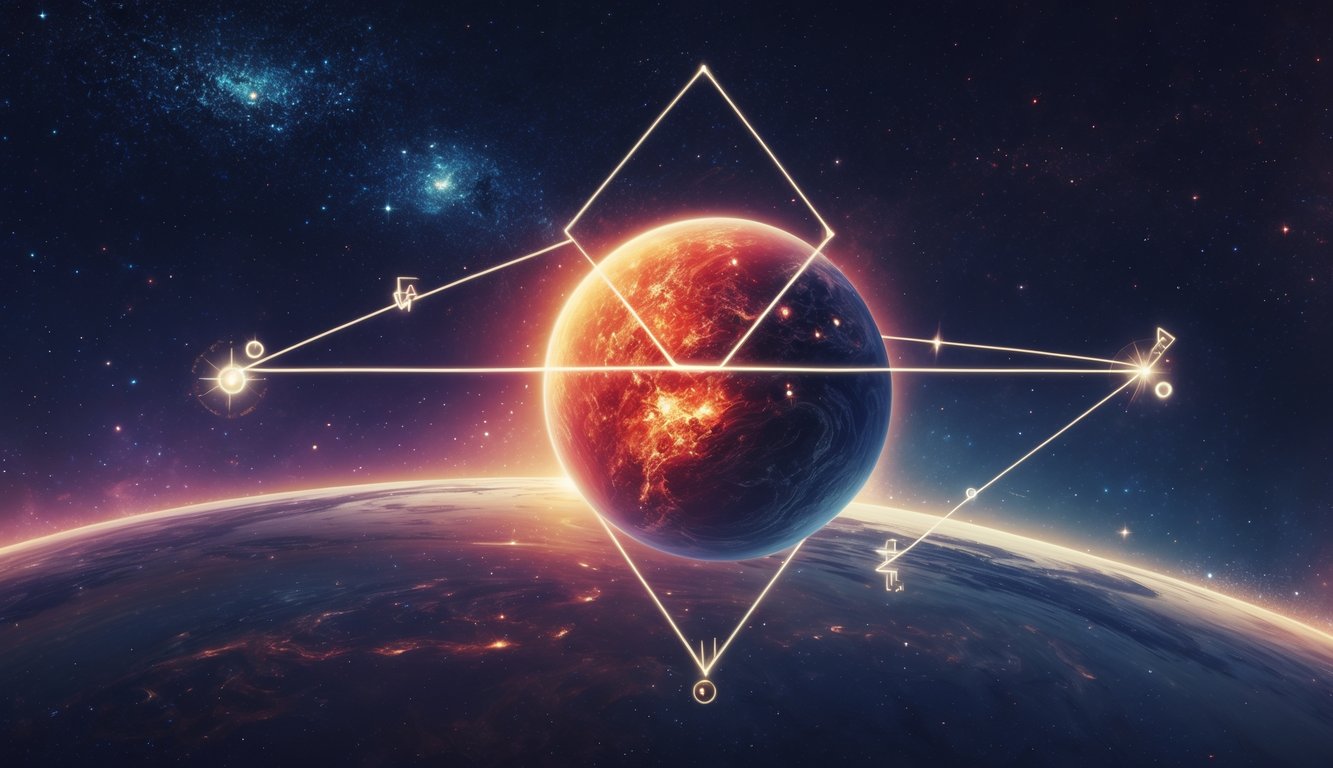 A cosmic scene showing the planets Mars and Pluto connected by a glowing triangular line in a starry space background.