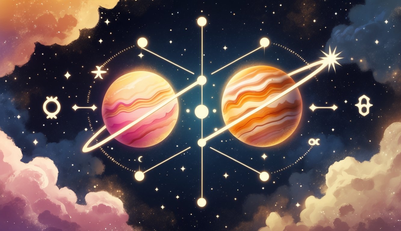 Two glowing planets representing Venus and Jupiter connected by a square angle line against a starry cosmic background with zodiac symbols.