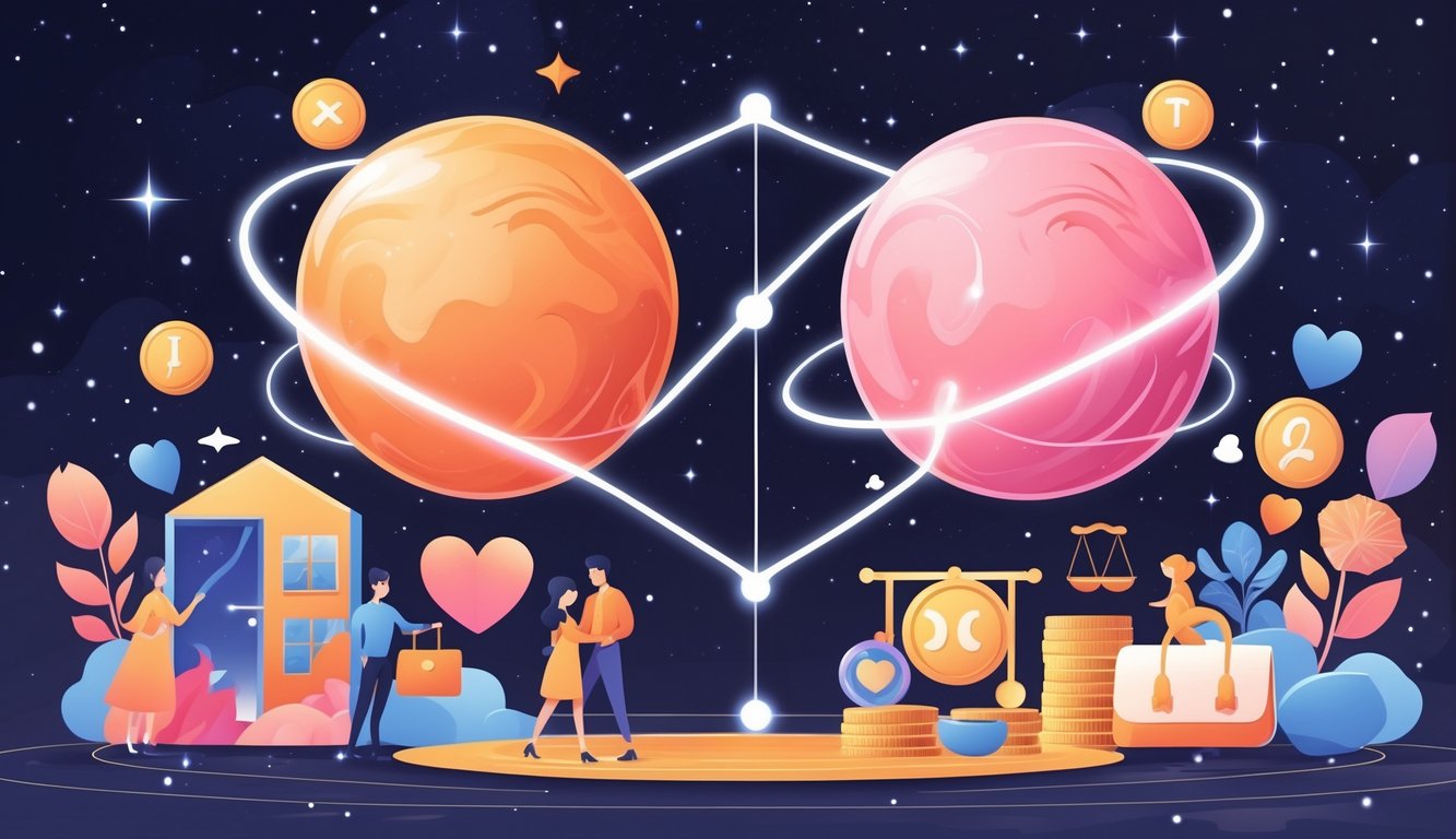Two glowing planets connected by an angular line surrounded by symbols of relationships, lifestyle, and finances against a cosmic background.