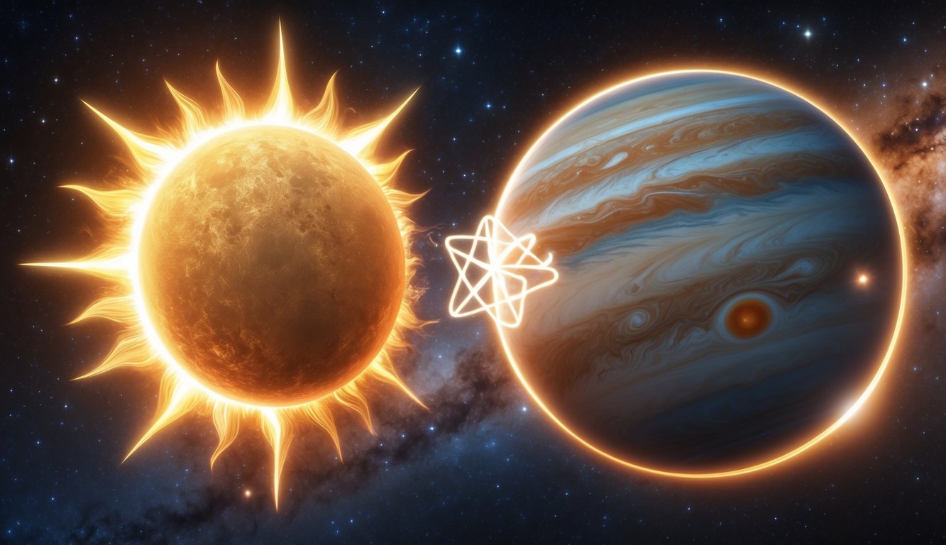 A glowing Sun and the planet Jupiter connected by a shining six-pointed star symbol in a starry space background.