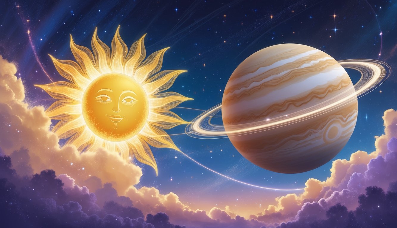A glowing sun and a large planet Jupiter connected by a shimmering line against a starry night sky.