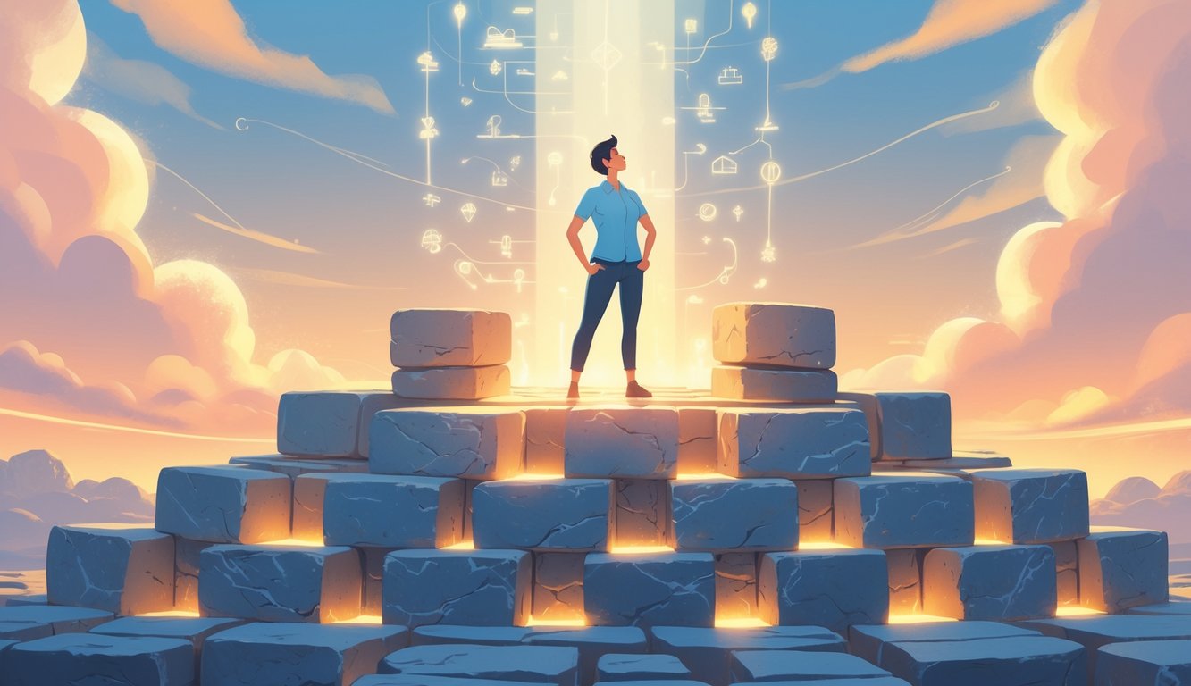 A person standing confidently beside a glowing stone foundation with beams of light rising into a colorful dawn sky.