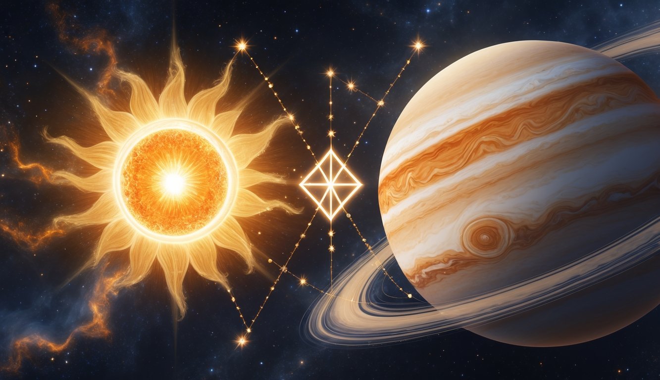 A glowing Sun and the planet Jupiter connected by a subtle six-pointed star shape in a starry space background.