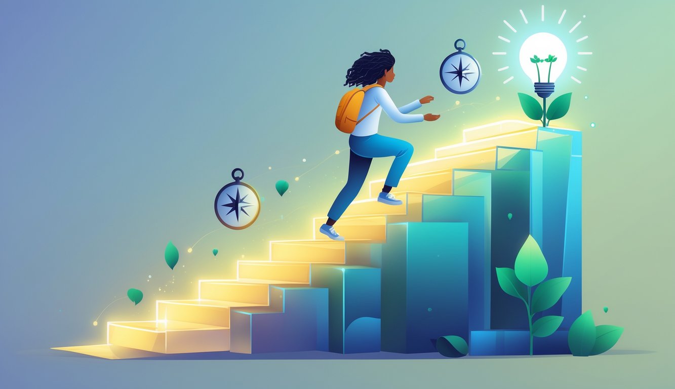 A person climbing glowing steps surrounded by symbols of growth like a compass, light bulb, and a growing plant, with light shining from above.