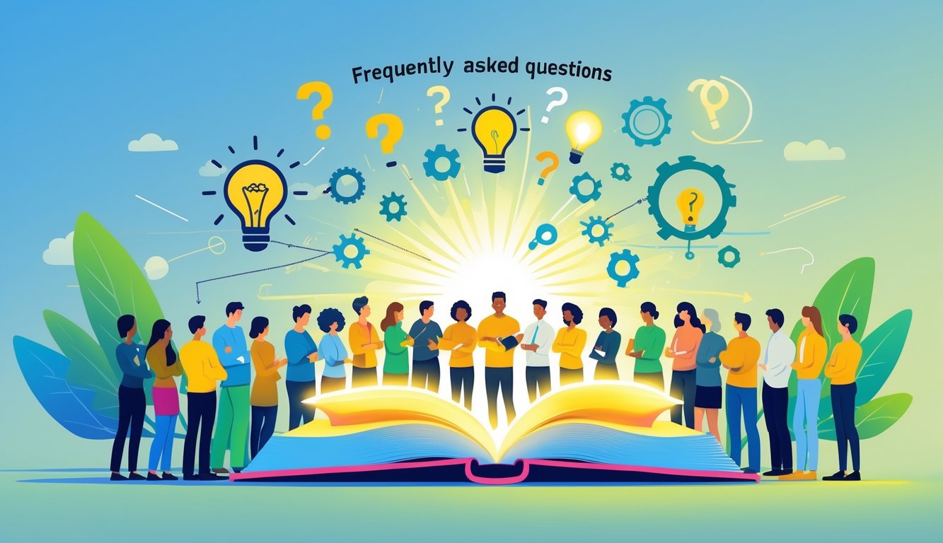 A group of people gathered around a glowing open book with floating icons representing ideas and unlocking potential.