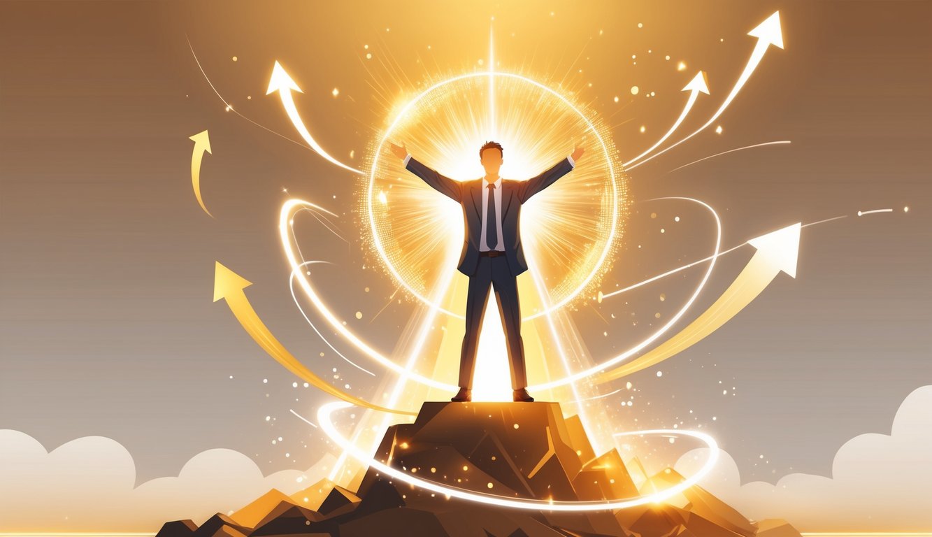 A person standing confidently on a peak surrounded by glowing streams of light and energy, symbolizing success and achievement.