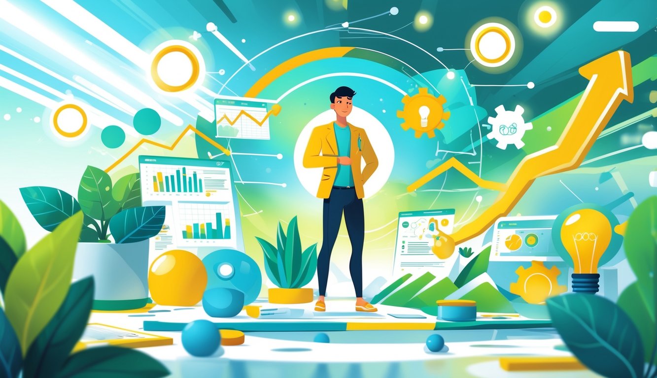 A person standing confidently in a bright workspace surrounded by symbols of growth and success such as plants, graphs, lightbulbs, and glowing energy waves.