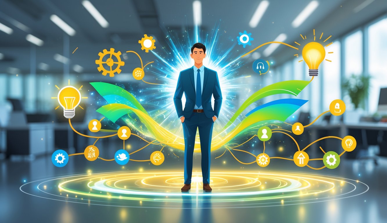 A confident person standing in an office environment surrounded by glowing icons representing ideas, problem-solving, and growth, with dynamic energy waves radiating from them.