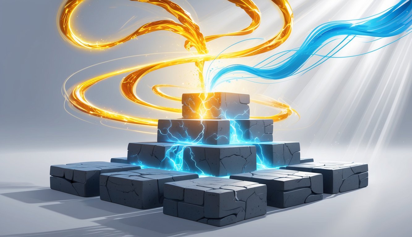 A solid foundation made of interlocking stones with glowing streams of energy rising above it, symbolizing activation and success.