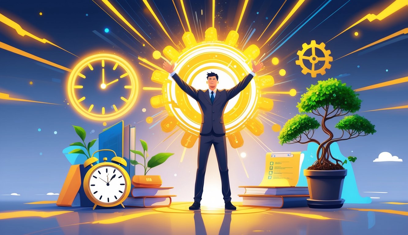 A confident person surrounded by symbols of success habits like a clock, book, checklist, growing plant, and gears, all glowing with golden energy.