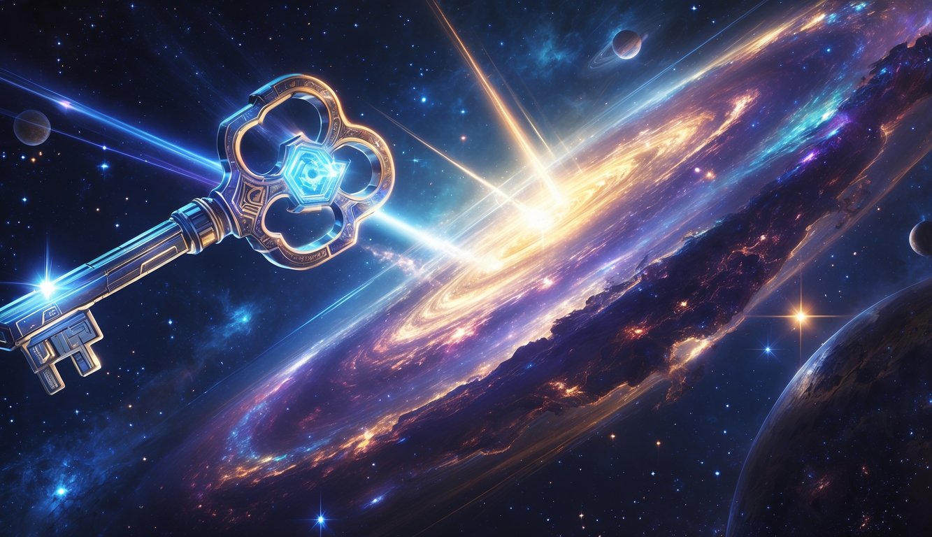 A glowing key unlocking a radiant cosmic gateway revealing galaxies, stars, and planets in deep space.