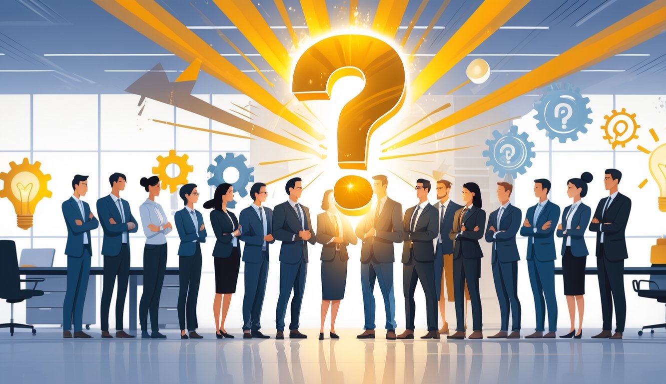 A group of business professionals gathered around a glowing question mark with beams of light radiating outward, symbolizing energy and success.