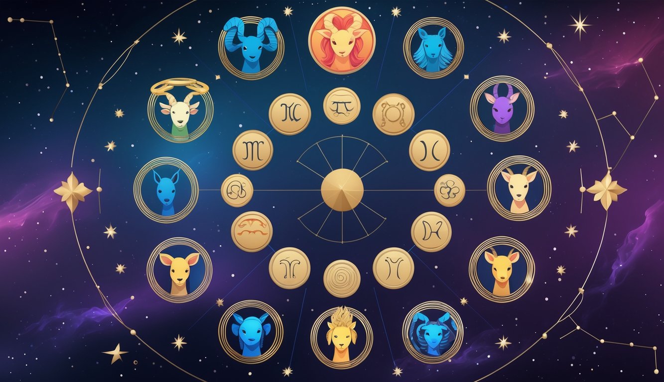 A circular arrangement of twelve zodiac signs, each represented by a unique figure or animal symbolizing their personality traits, set against a starry cosmic background.
