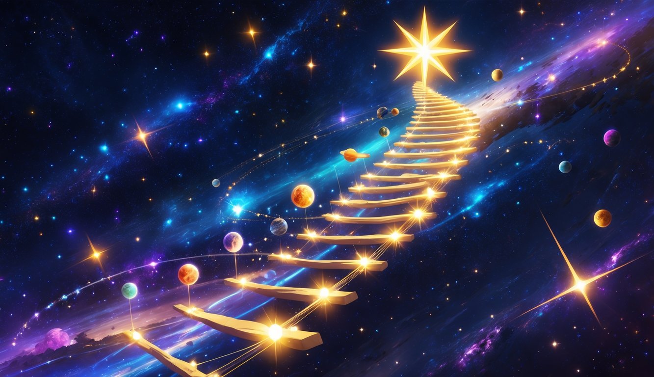 A cosmic scene showing a glowing spiral pathway of stars and planets leading upward to a bright shining star, symbolizing progress and achievement in space.