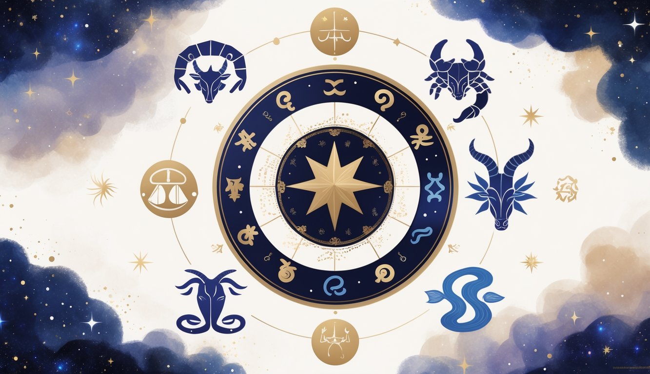 Illustration showing symbolic images of the remaining zodiac signs arranged in a circular layout with cosmic background elements.