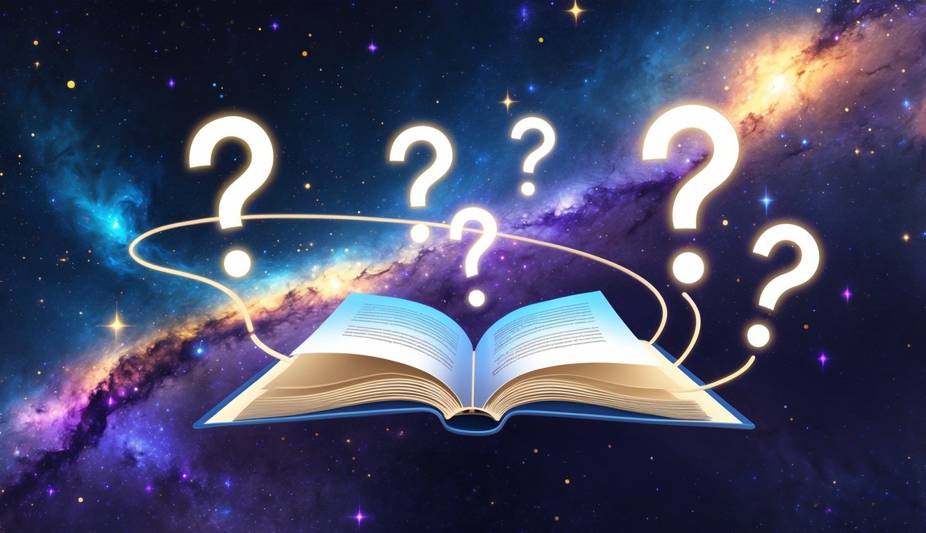 An open glowing book floating in space surrounded by luminous question marks with stars and galaxies in the background.
