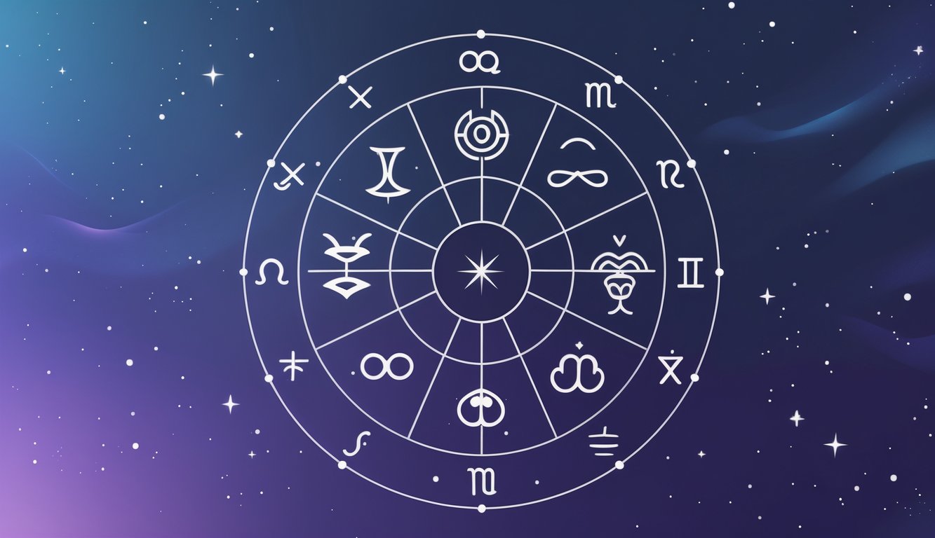 An astrological wheel showing the twelve zodiac signs with symbols and icons representing their personality traits against a starry night sky background.