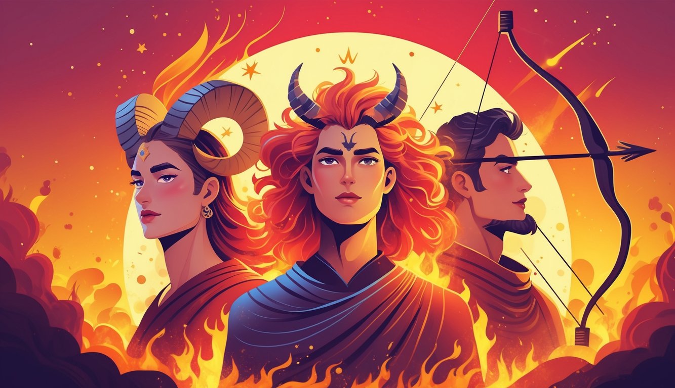 Three figures representing Aries, Leo, and Sagittarius surrounded by warm flames and glowing light, symbolizing energy, passion, and adventure.