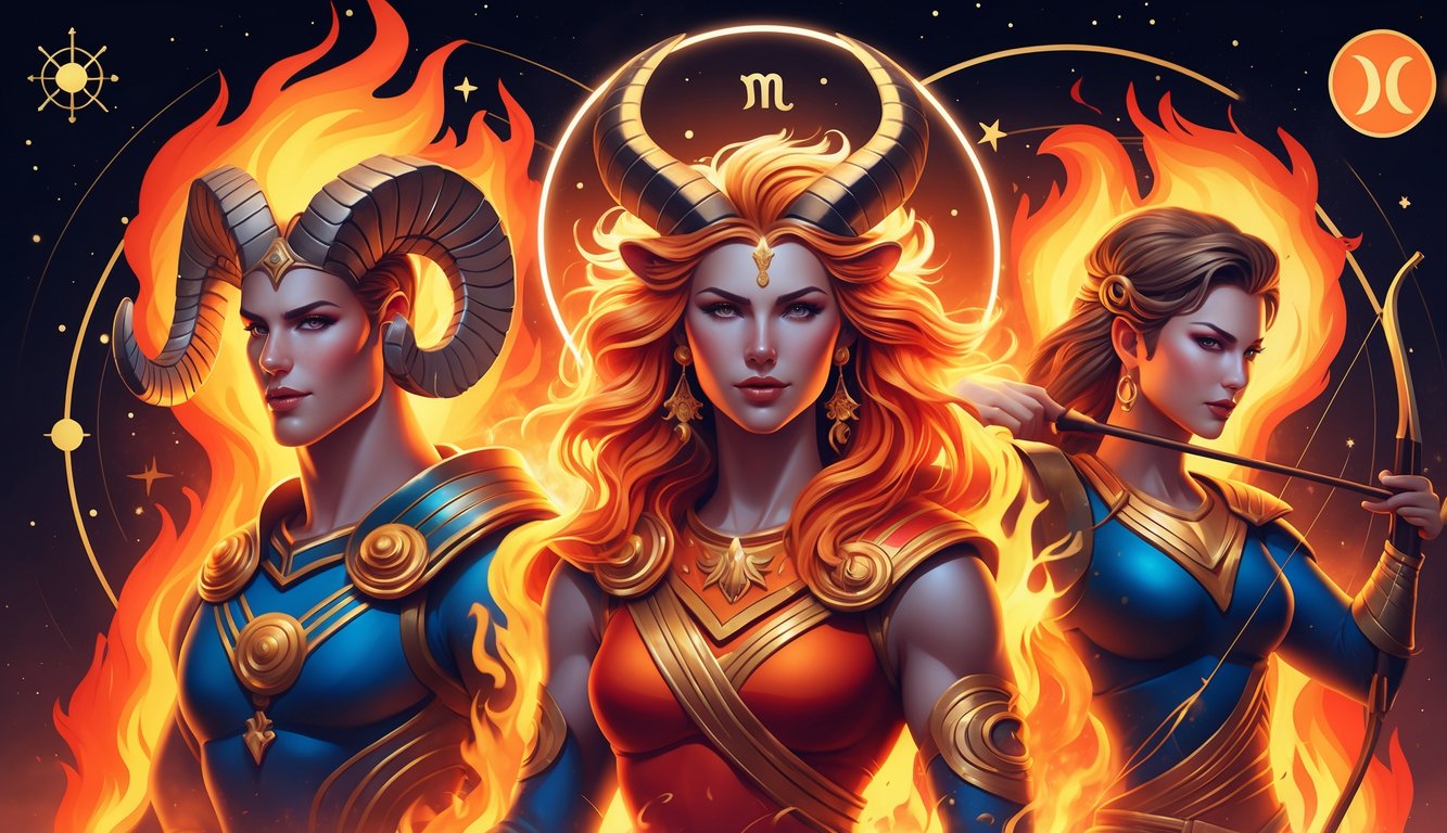 Three human figures representing Aries, Leo, and Sagittarius surrounded by flames and cosmic elements, each embodying the traits of the fire signs.
