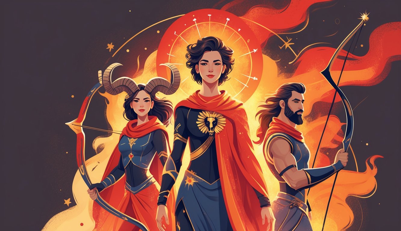 Three human figures representing Aries, Leo, and Sagittarius surrounded by warm flames and fiery elements, each showing unique traits like confidence, charisma, and adventure.