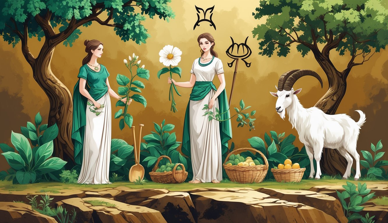 Three figures representing Earth zodiac signs surrounded by natural elements like trees, crops, and mountains, symbolizing stability and groundedness.