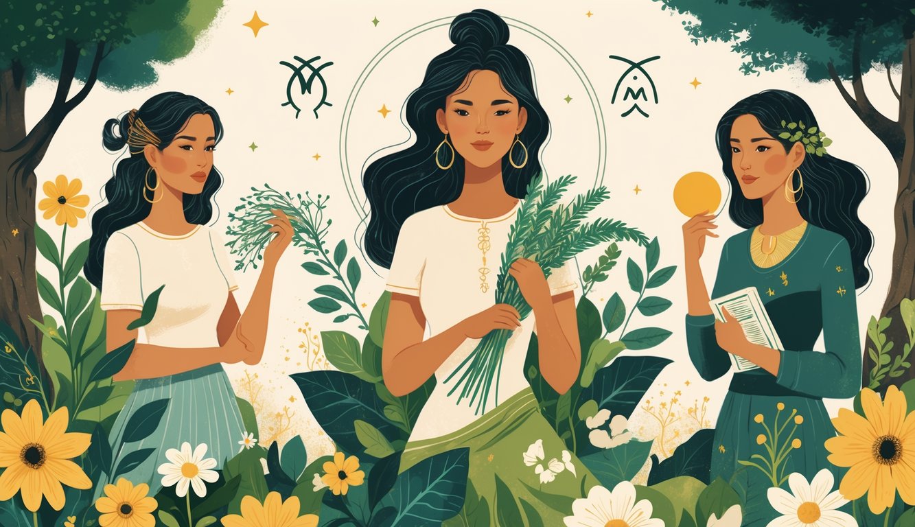 Three women representing Taurus, Virgo, and Capricorn are shown in a natural setting with plants, books, and mountains, each embodying qualities like strength, care, and determination.