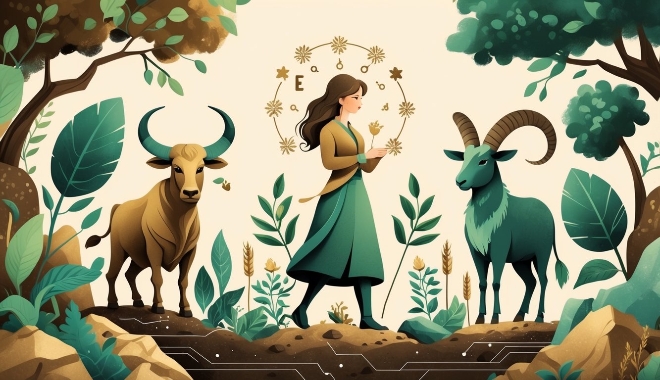 Three figures representing earth zodiac signs surrounded by natural elements like plants, rocks, and mountains.