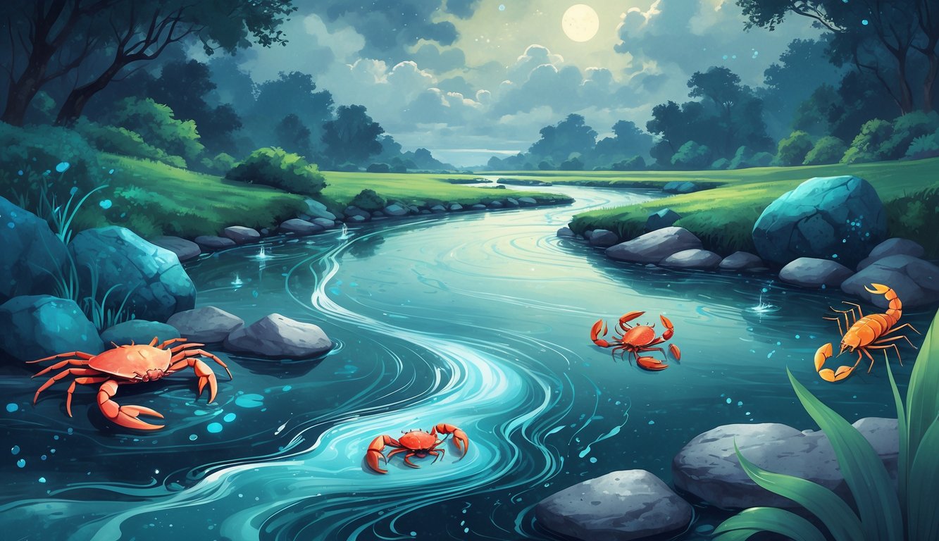 A peaceful river flowing through a lush landscape with a crab on the rocks, a scorpion nearby, and fish swimming underwater, under a calm twilight sky.