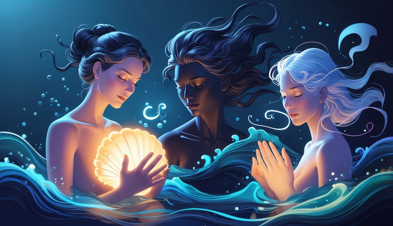 Three figures representing Cancer, Scorpio, and Pisces surrounded by flowing water, each showing different emotional expressions and traits.