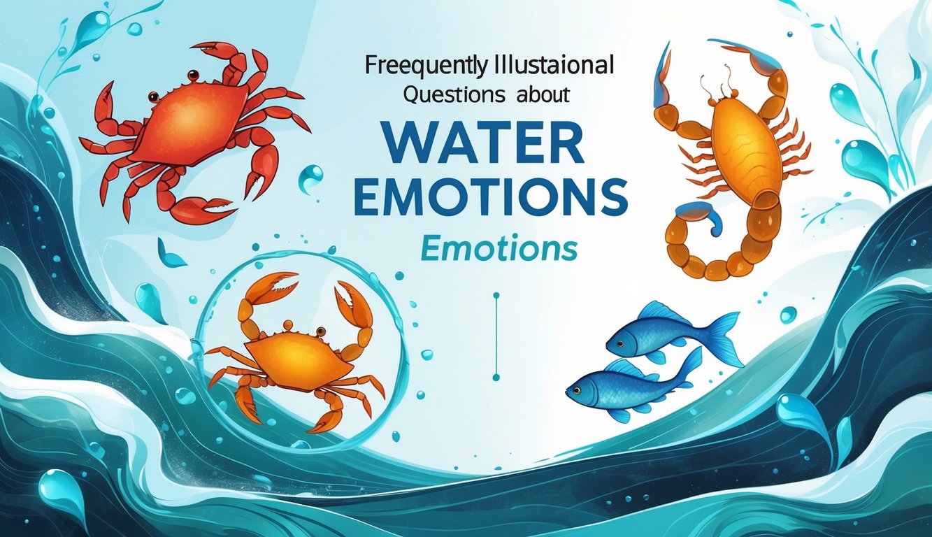 Illustration showing the zodiac water signs Cancer, Scorpio, and Pisces surrounded by flowing water and symbols representing emotions like empathy and sensitivity.