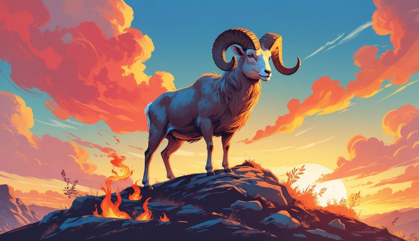 A strong ram with curved horns standing on a rocky hill at sunrise, surrounded by gentle flames and a clear sky.