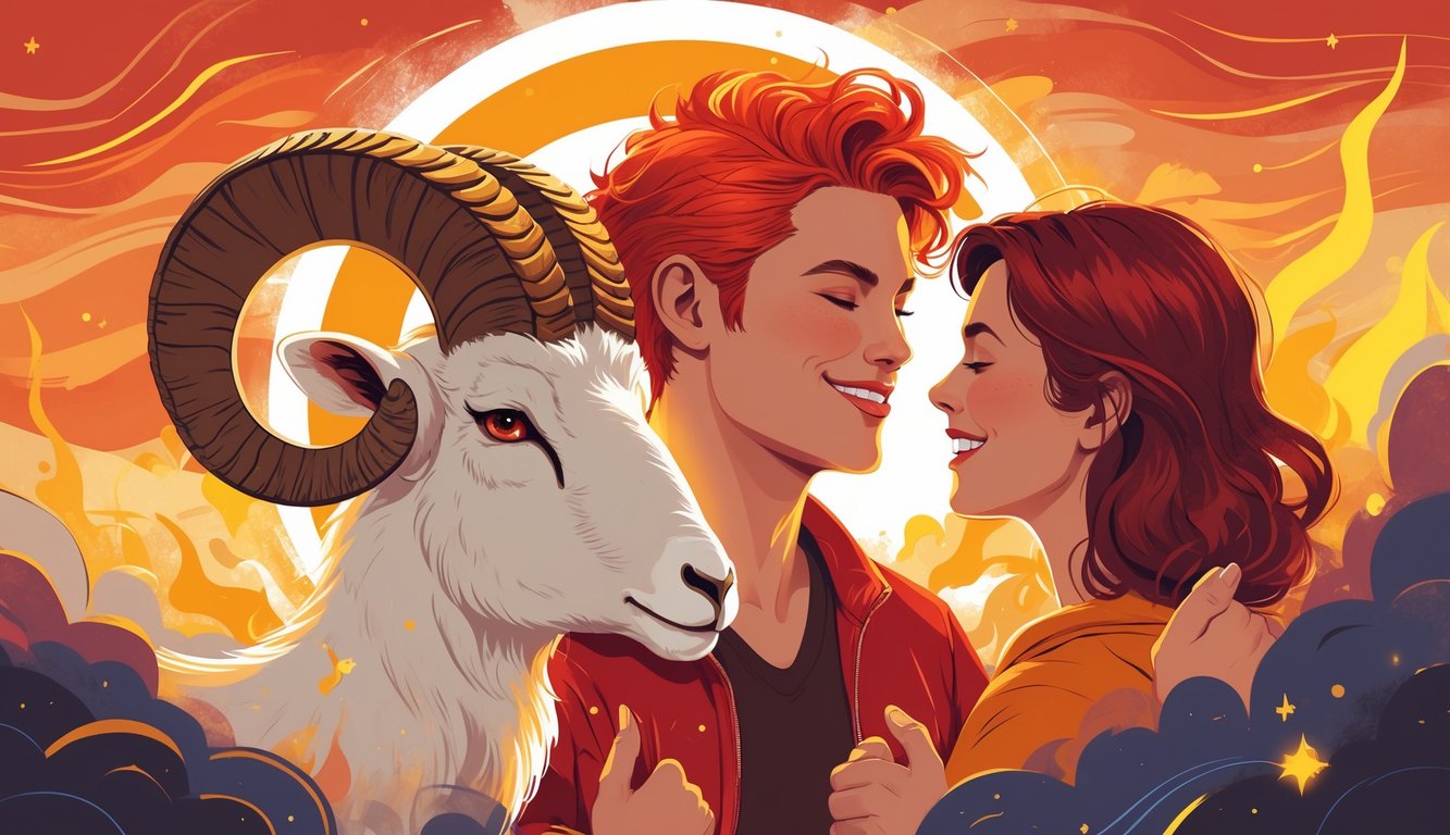 A confident person with fiery red hair stands beside a ram with curved horns, surrounded by flames and a sunrise, symbolizing Aries traits of passion, leadership, and courage in life and relationships.
