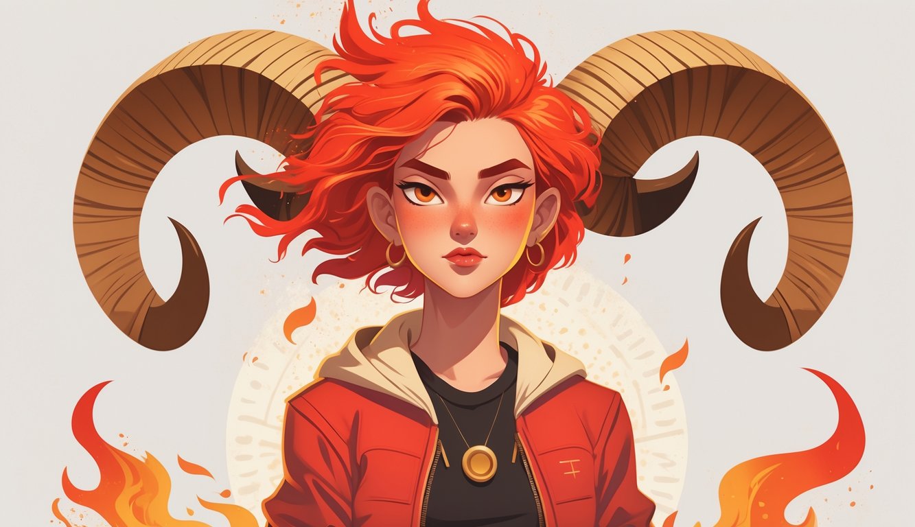 A confident person with fiery red hair standing boldly, surrounded by flames and ram horns symbolizing Aries traits like passion and courage.