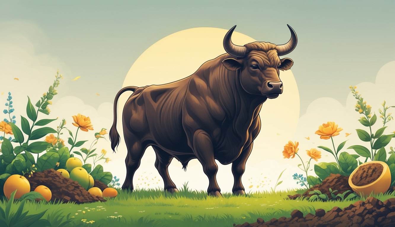 A strong bull standing on green grass surrounded by flowers and fruits under a clear sky, representing stability and connection to nature.