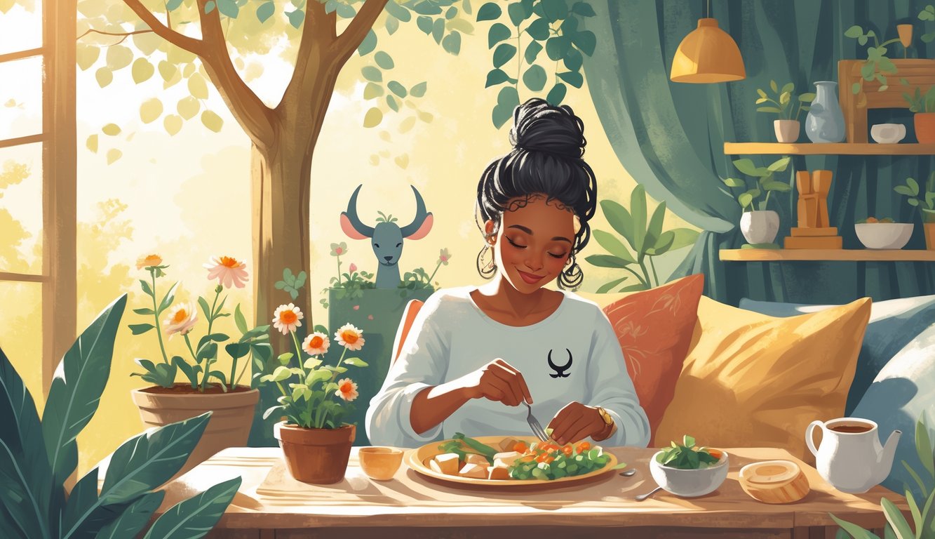 A person with subtle bull features tending a garden and enjoying a meal in a cozy home surrounded by plants and natural light.