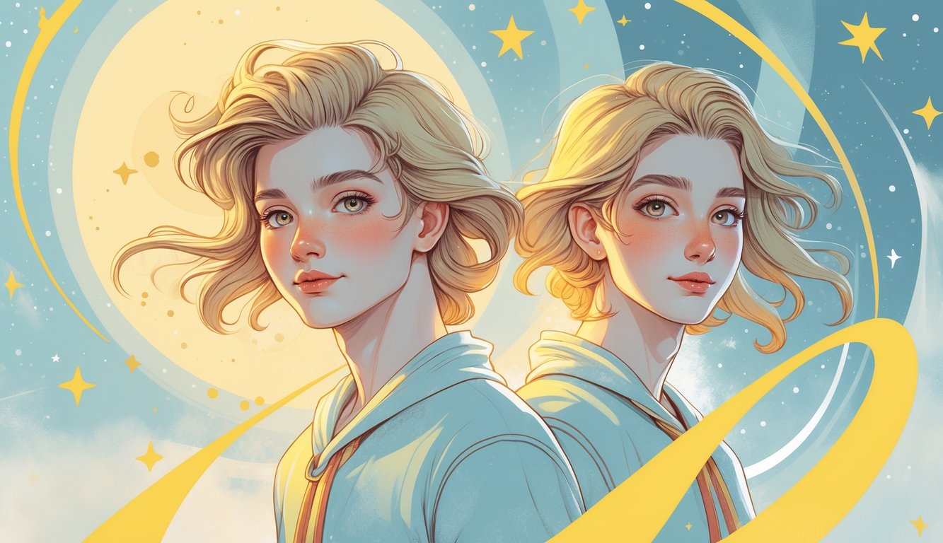 Two youthful twins standing side by side with stars and a constellation glowing behind them in a cosmic space.