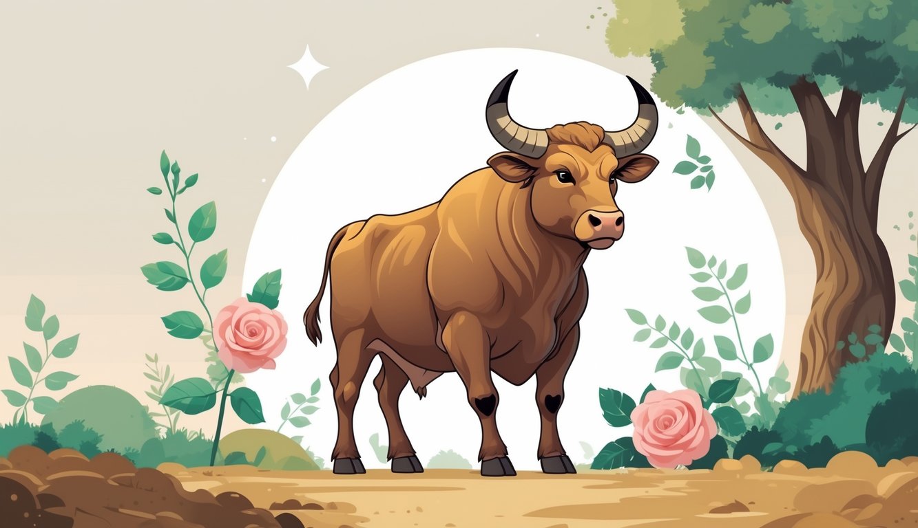 A strong bull standing calmly surrounded by a rose, oak tree, and natural earth elements symbolizing Taurus traits.