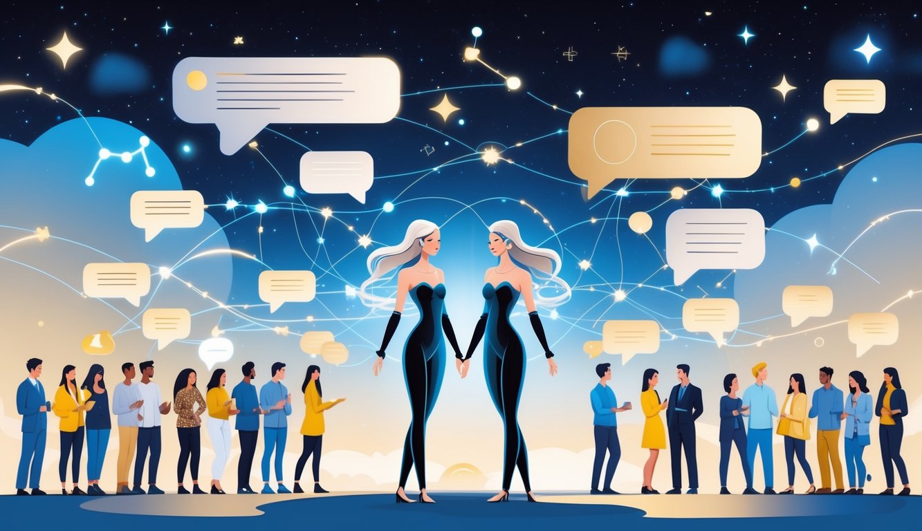 Two mirrored figures representing Gemini stand surrounded by people engaged in warm conversations with glowing lines and stars in the background symbolizing communication and relationships.