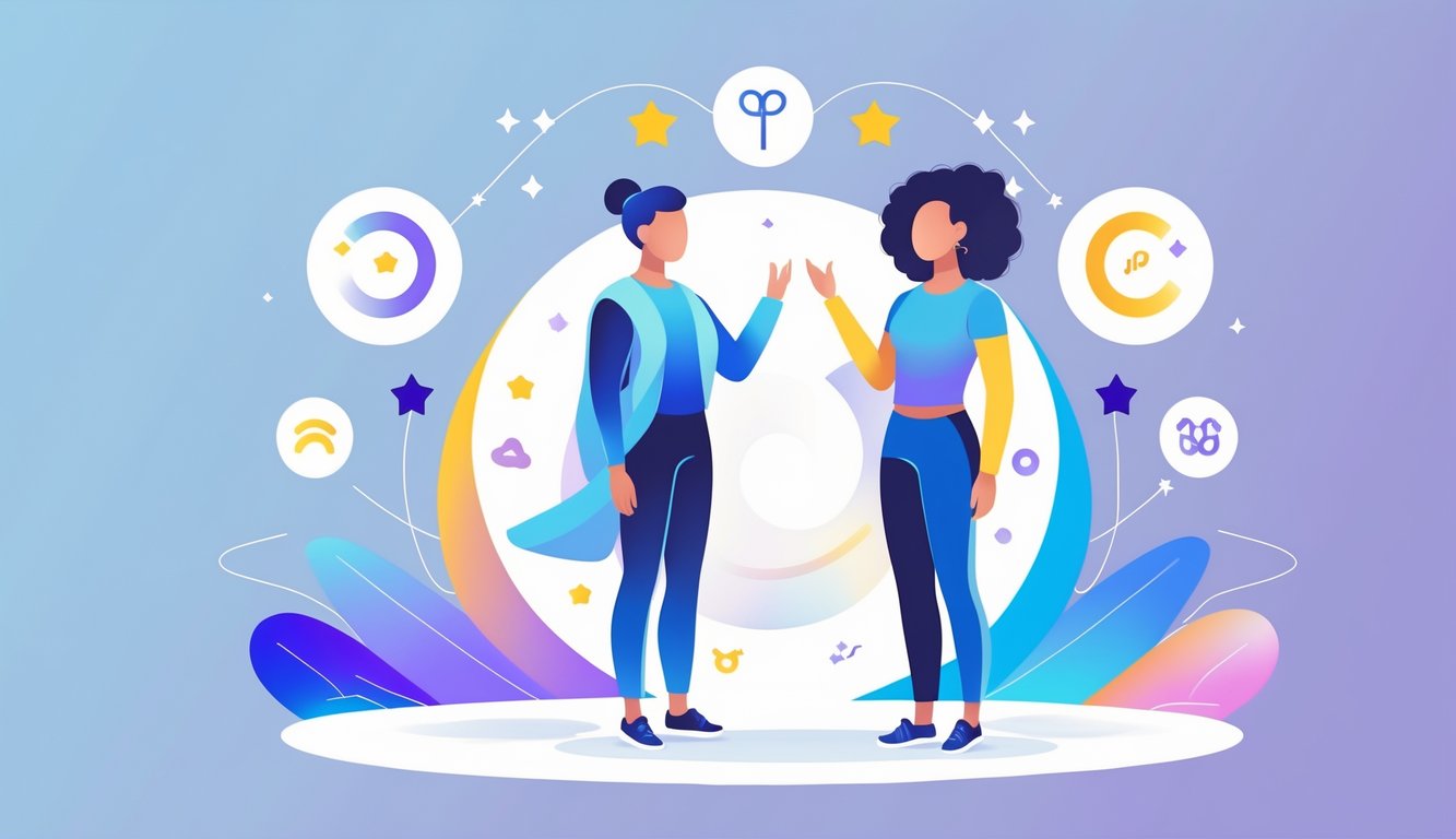 Two human figures representing Gemini traits with contrasting expressions surrounded by astrological symbols and abstract icons symbolizing communication and curiosity.